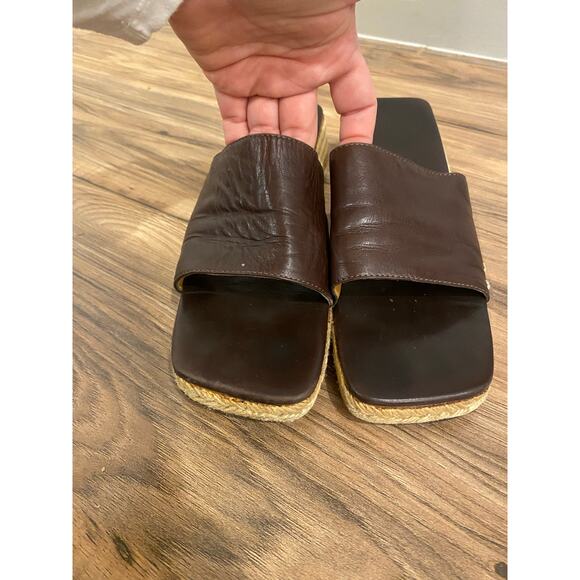 Ysl Vintage Yves Saint Laurent Brown Leather Espadrille Sandals - Picture 1 of 8